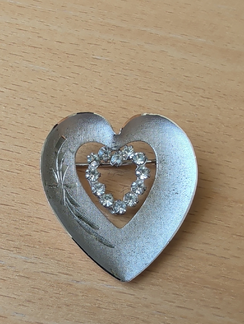 Vintage Sterling Silver Heart Brooch with Rhinestone Heart